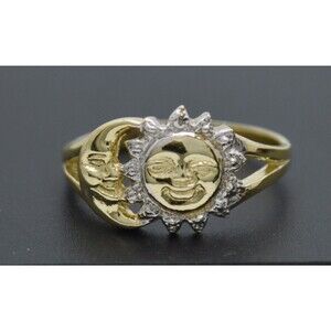 Real 10K Two-tone Solid Gold Diamond Cut Moon & Sun Face Ring 2.1gr All Sizes